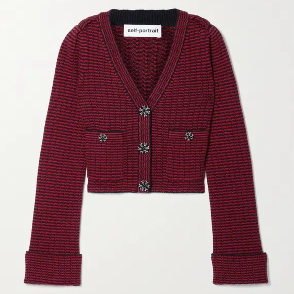 Self-Portrait Cropped Red Knit Cardigan